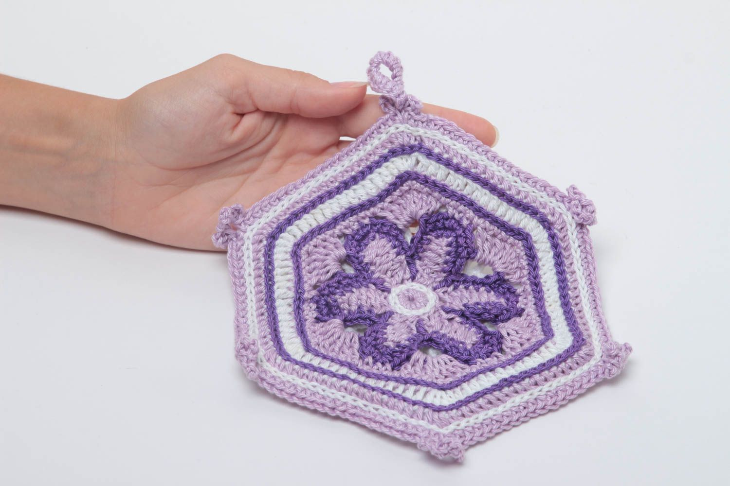 Handmade violetter Topflappen gehäkelt Küchen Textilien Haus Deko mit Blume foto 5