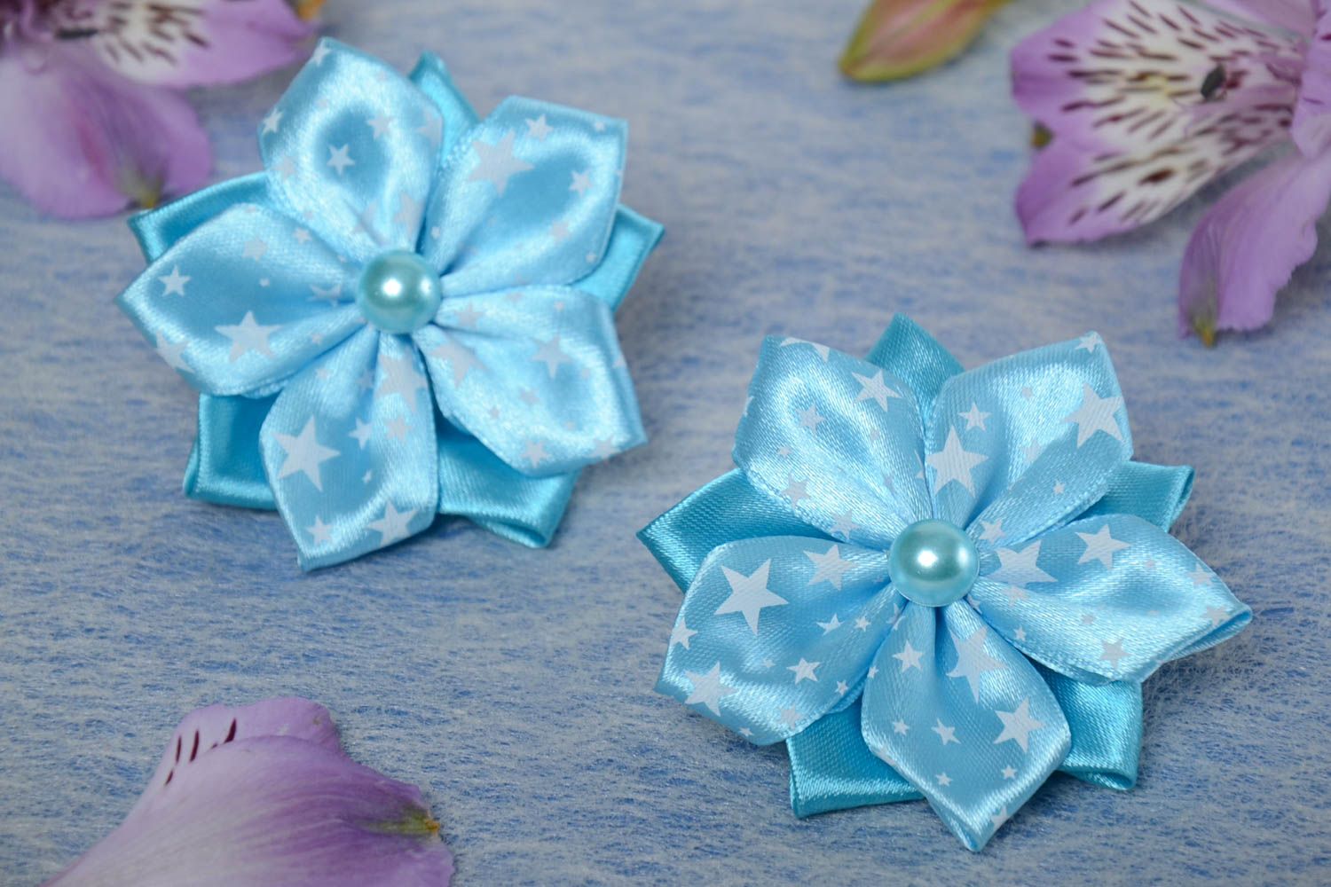 Handmade blue hair ties with flowers of satin ribbons for kids 2 pieces photo 1
