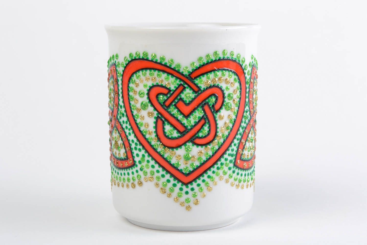 White and green ceramic tea cup with handle and acrylic dot painting Triquetra photo 4