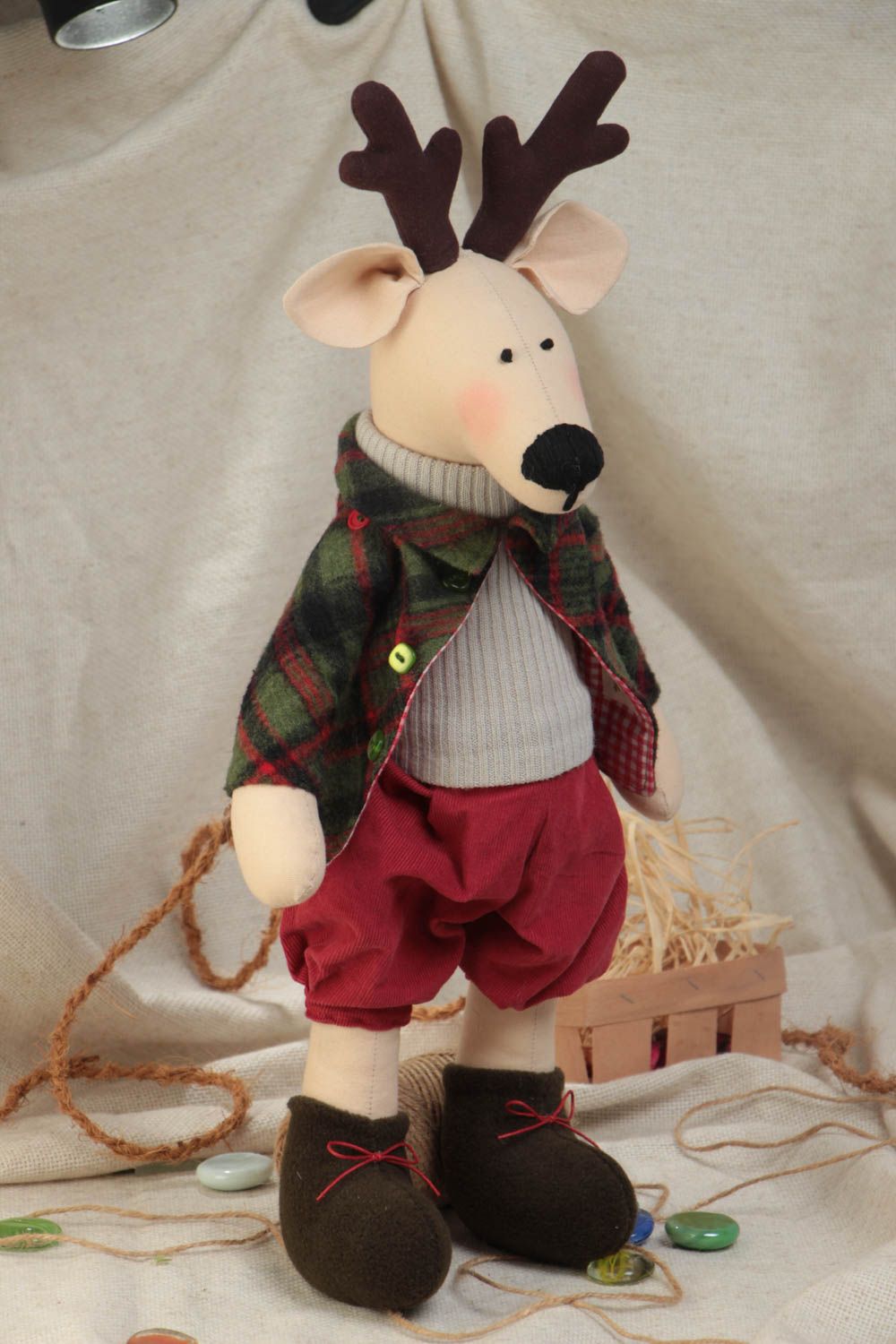 Handmade designer cotton and fleece fabric soft toy deer in checkered jacket photo 1