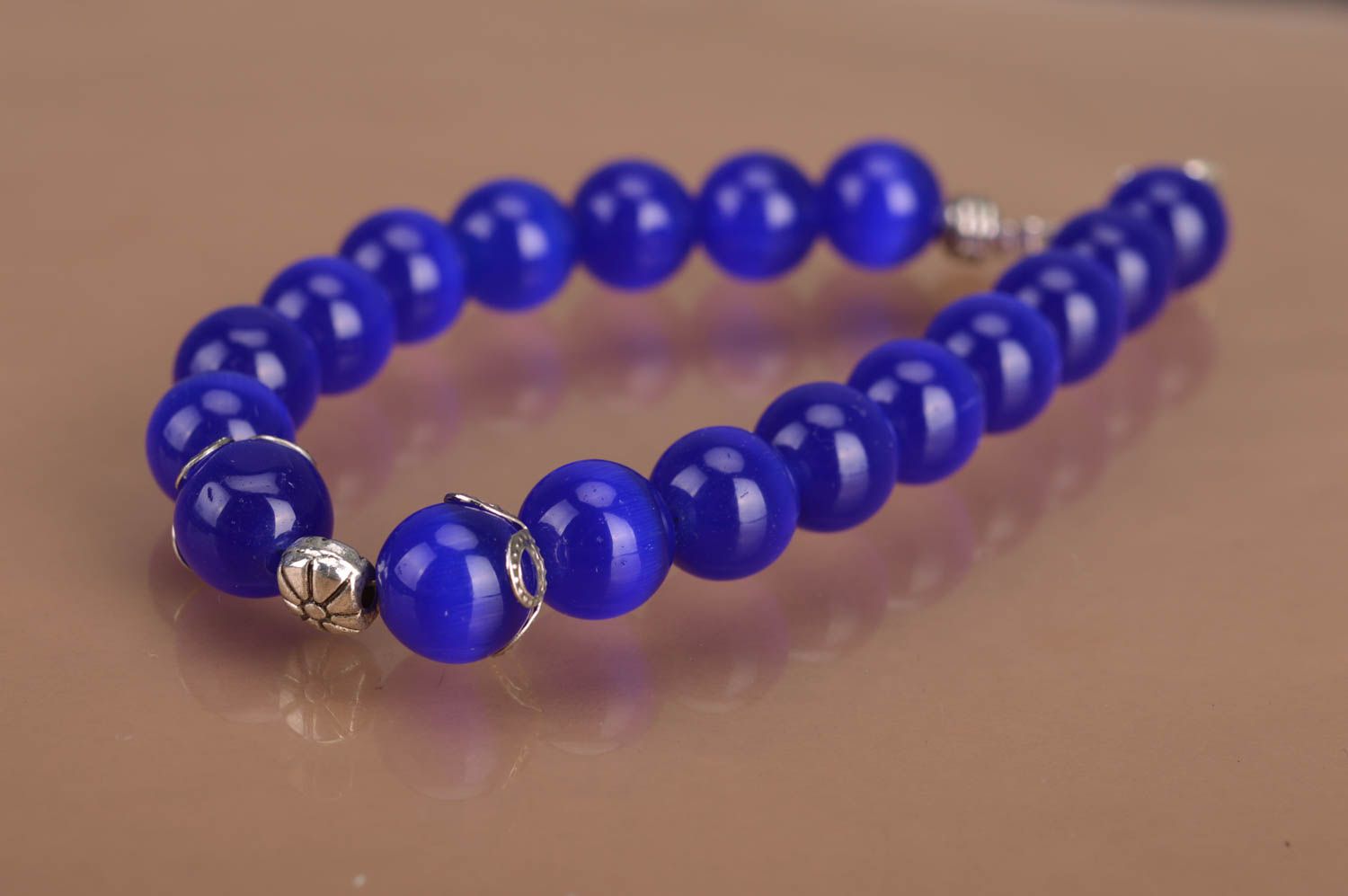 Handmade glass bead wrist bracelet of blue color for women designer laconic photo 5