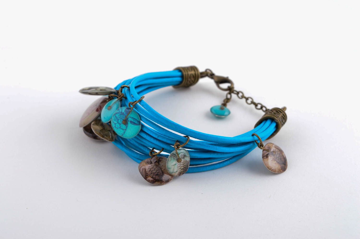 Handmade cute leather bracelet blue wrist jewelry designer stylish bracelet photo 2