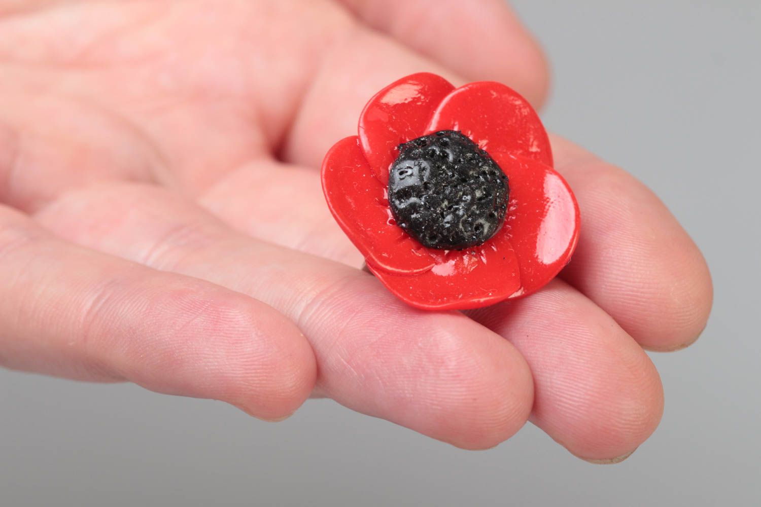Handmade designer jewelry ring on metal basis with polymer clay red poppy flower photo 5