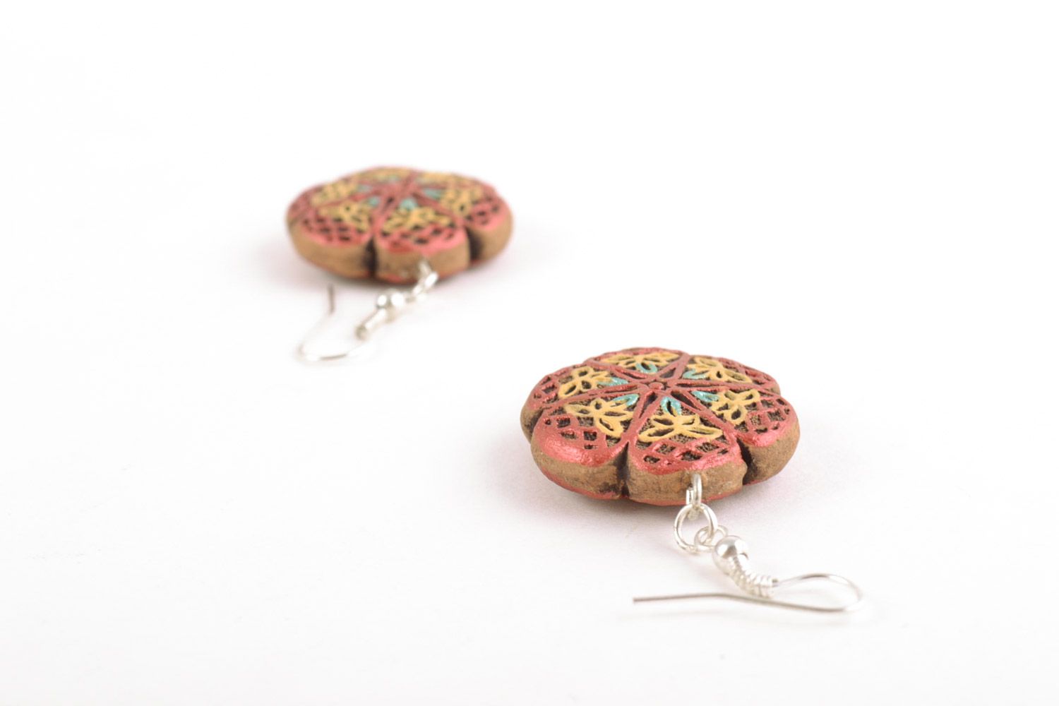 Handmade bright painted ceramic dangling earrings in the shape of flowers photo 4