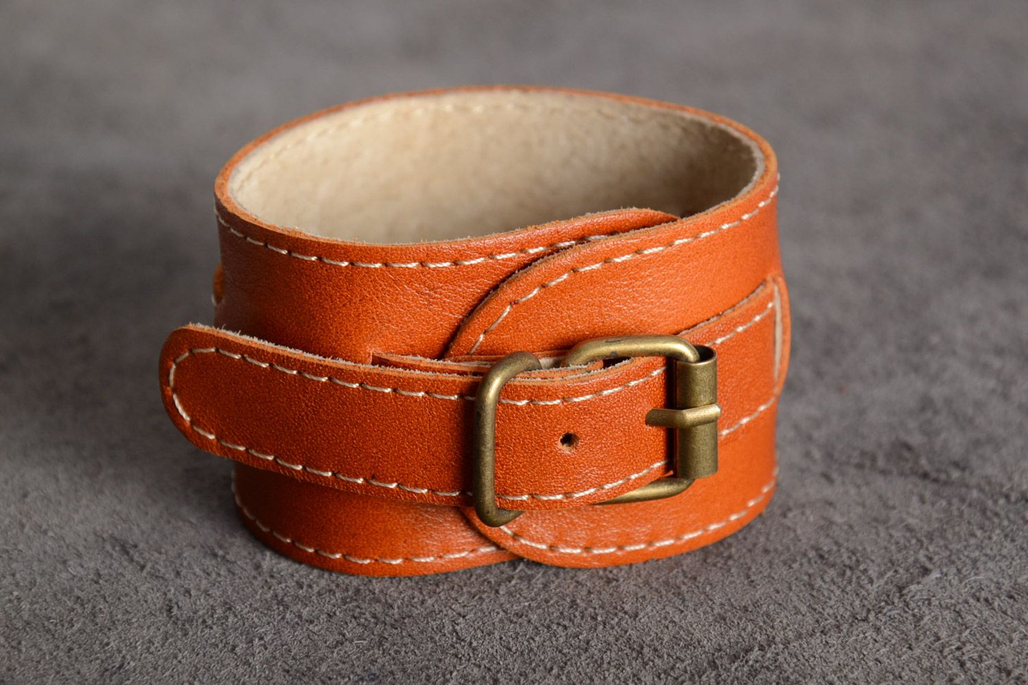 Light brown broad handmade genuine leather wrist bracelet with metal fittings photo 1