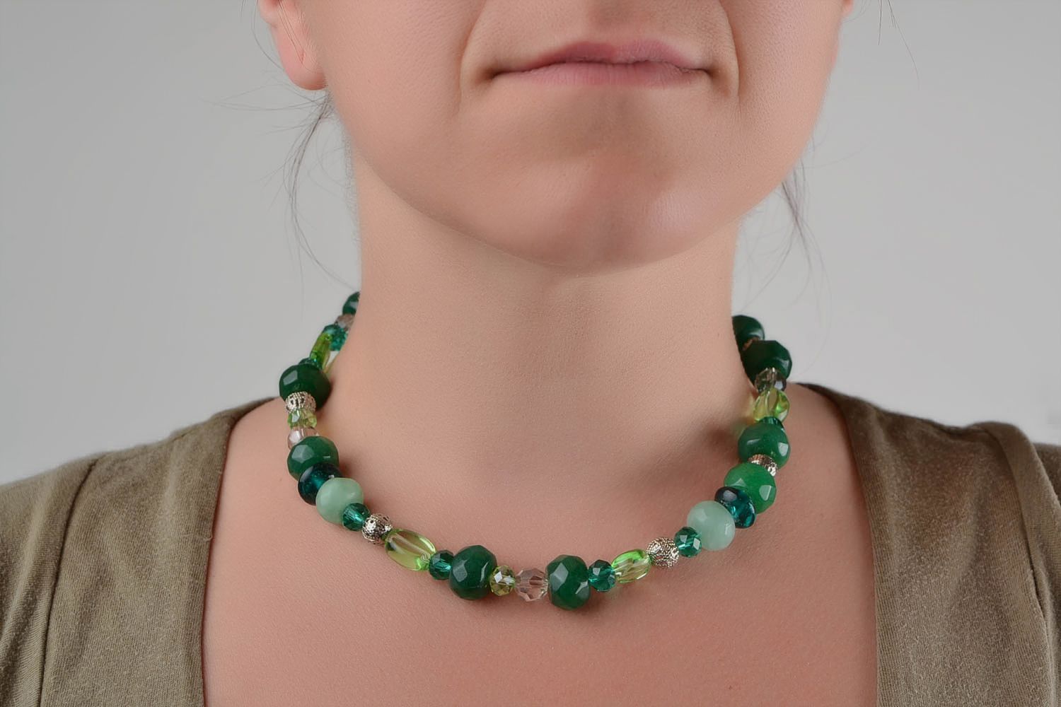 Unusual beautiful thin handmade glass bead necklace with natural stone green photo 2