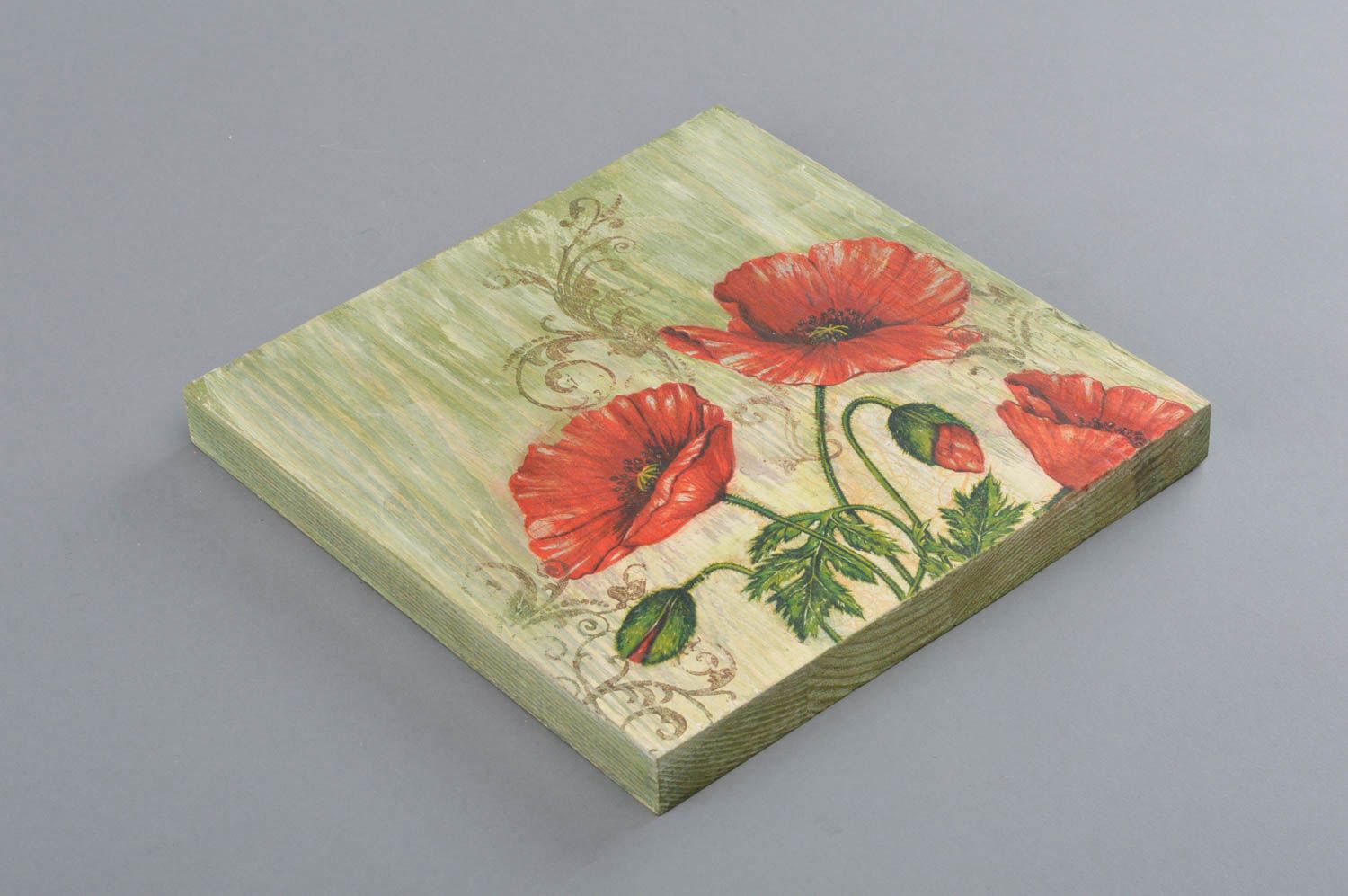 Handmade square wooden decorative wall panel with decoupage red flowers photo 2