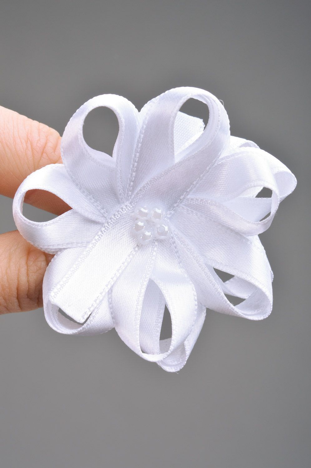 Festive handmade volume satin ribbon flower hair tie of white color photo 3