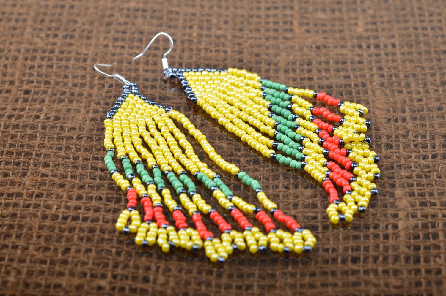 Handmade colorful yellow beaded dangle earrings with long fringe  photo 2