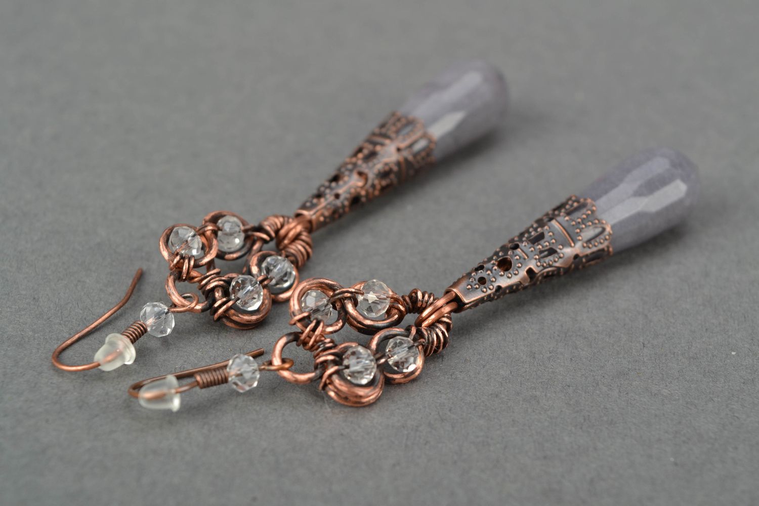 Handgemachte Kupfer Ohrringe Wire Wrap mit Achat und Kristall foto 4