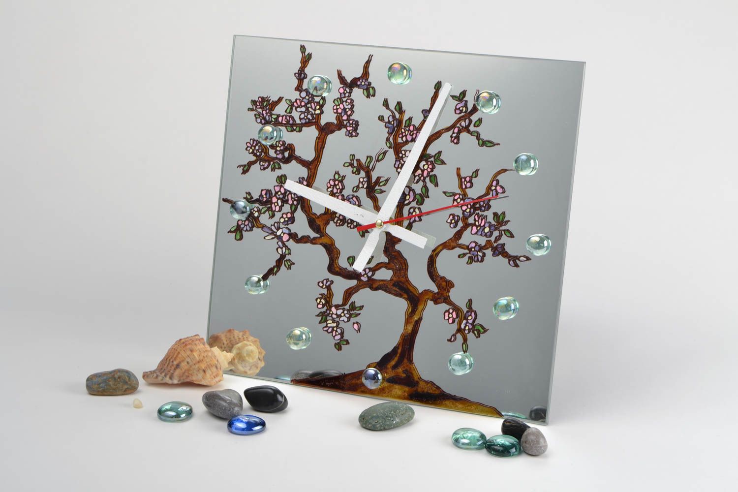 Handmade designer square glass wall clock with stained glass painting Tree photo 1