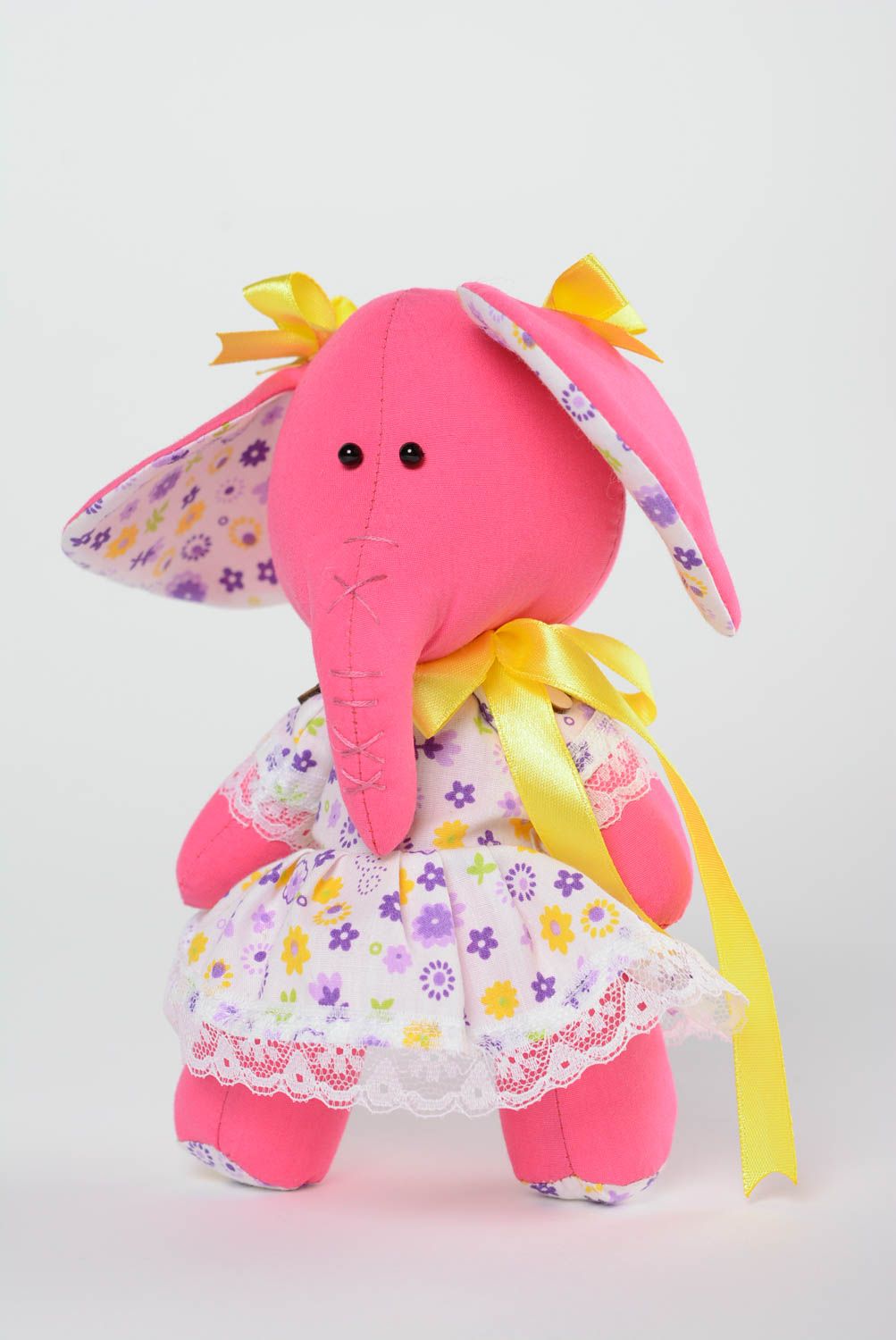 Handmade cotton soft toy pink elephant in floral dress with yellow ribbons photo 2