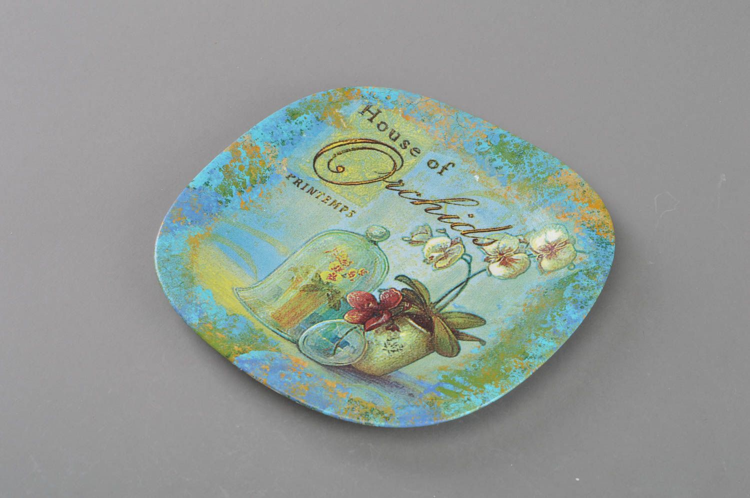Handmade designer glass wall hanging plate with decoupage home decor Morning photo 1