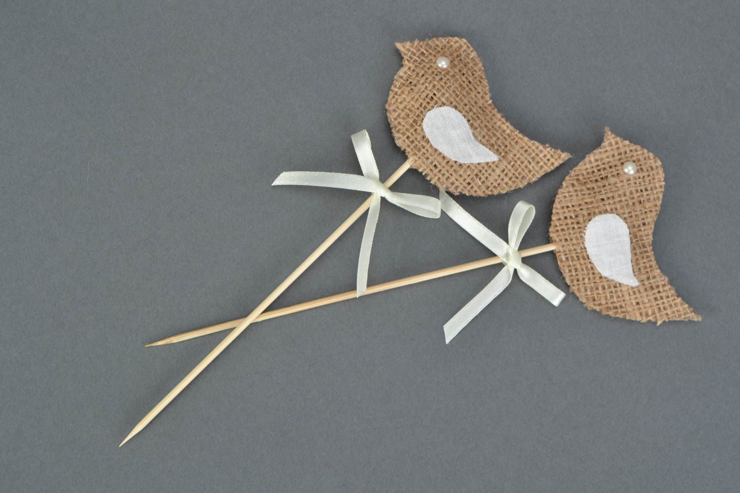 Handmade cute small fabric decoration beige bird on stick for flowerpot photo 4