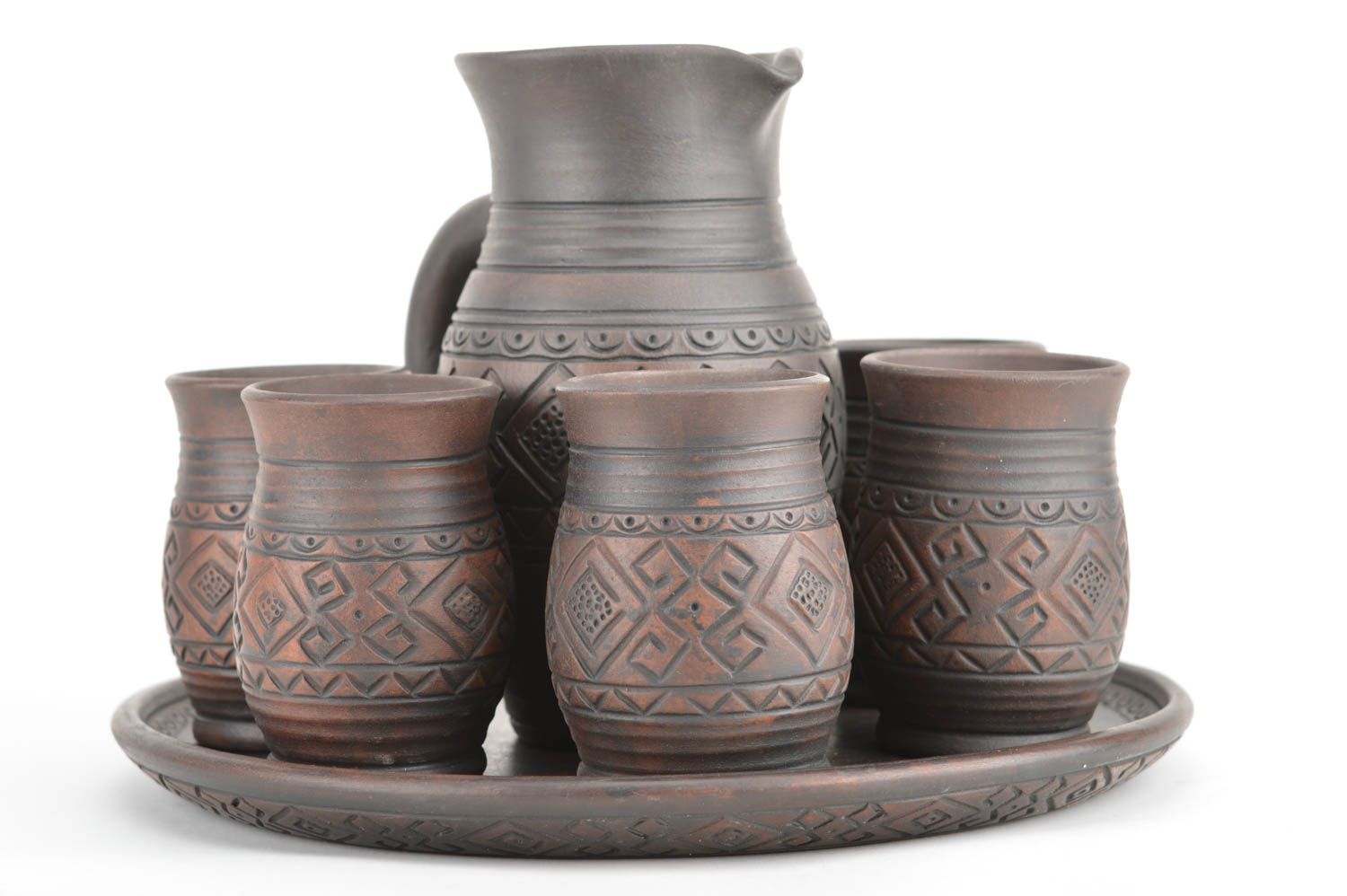 30 oz ceramic wine jug in dark brown color with six wine goblets and ashtray 8,7 lb photo 5