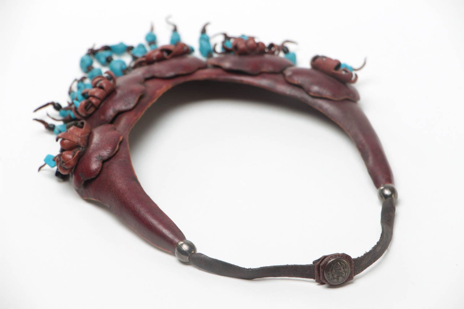 Handmade massive brown genuine leather necklace in ethnic style with turquoise photo 4