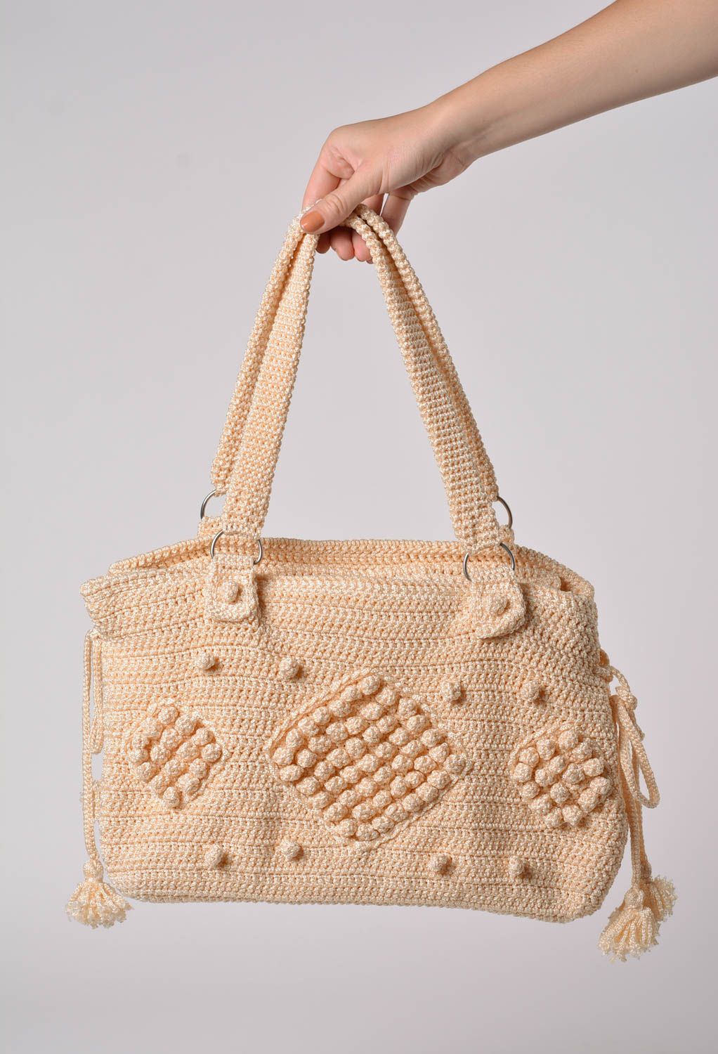 Crocheted female handbag of beige color with two handles summer stylish purse photo 2