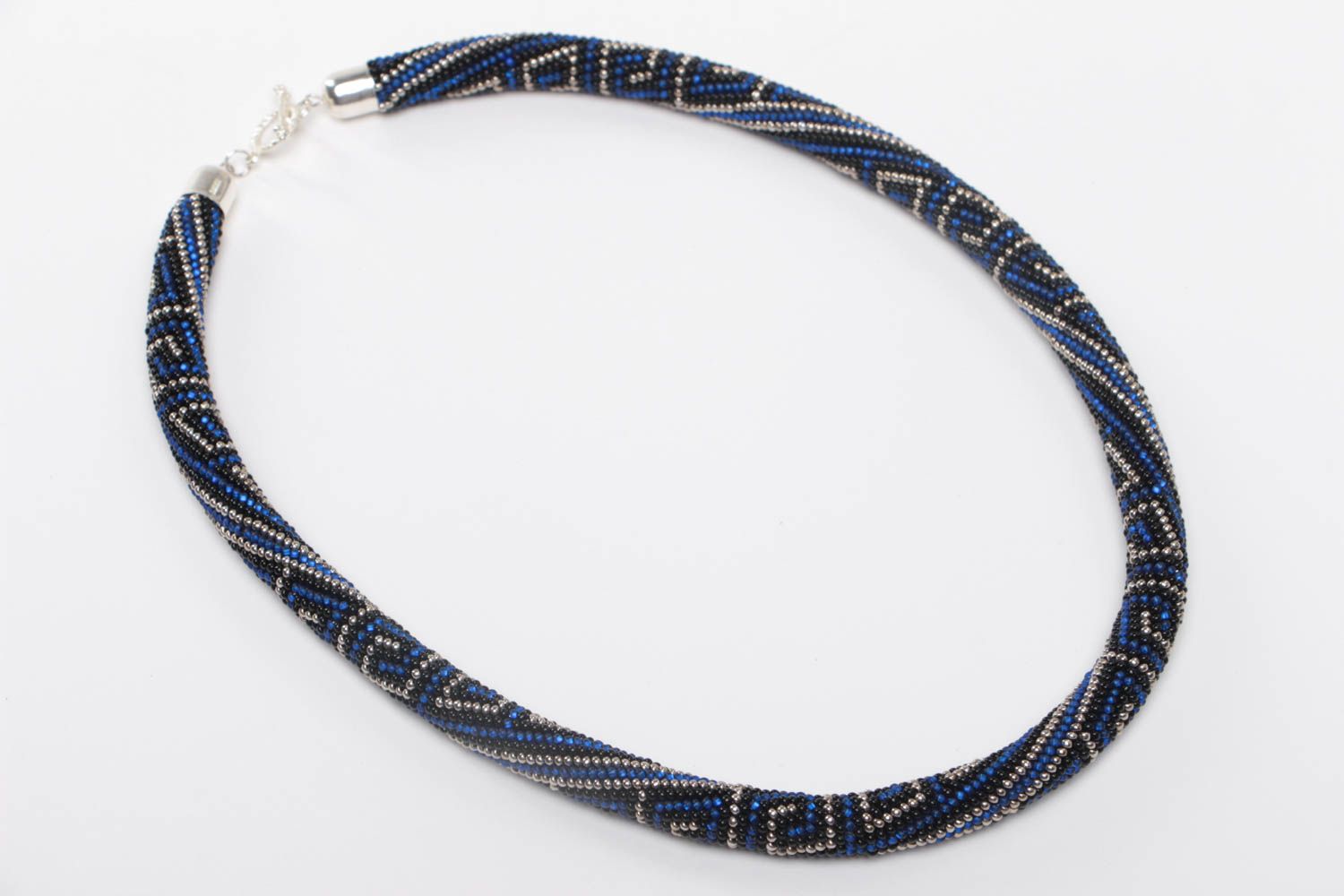 Handmade designer bead woven cord necklace ornamented in dark blue color palette photo 2