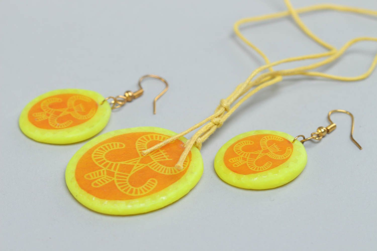 Handmade set of polymer clay jewelry earrings and pendant bright yellow with orange photo 3
