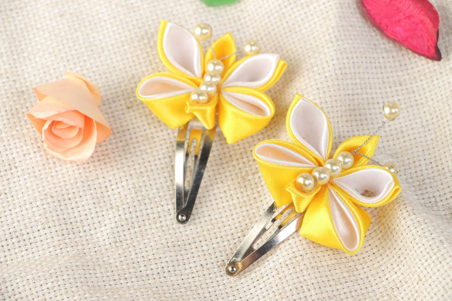 Bright handmade hair clip with satin ribbon butterflies and beads photo 1