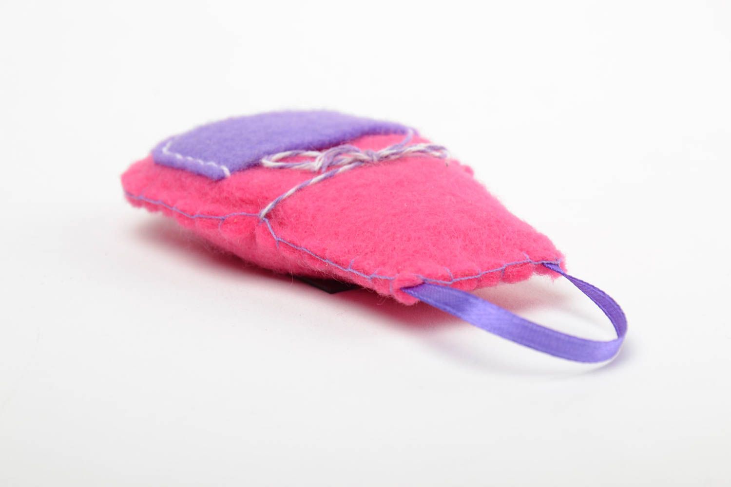 Handmade small felt soft toy fridge magnet bright pink apron with violet pocket photo 4