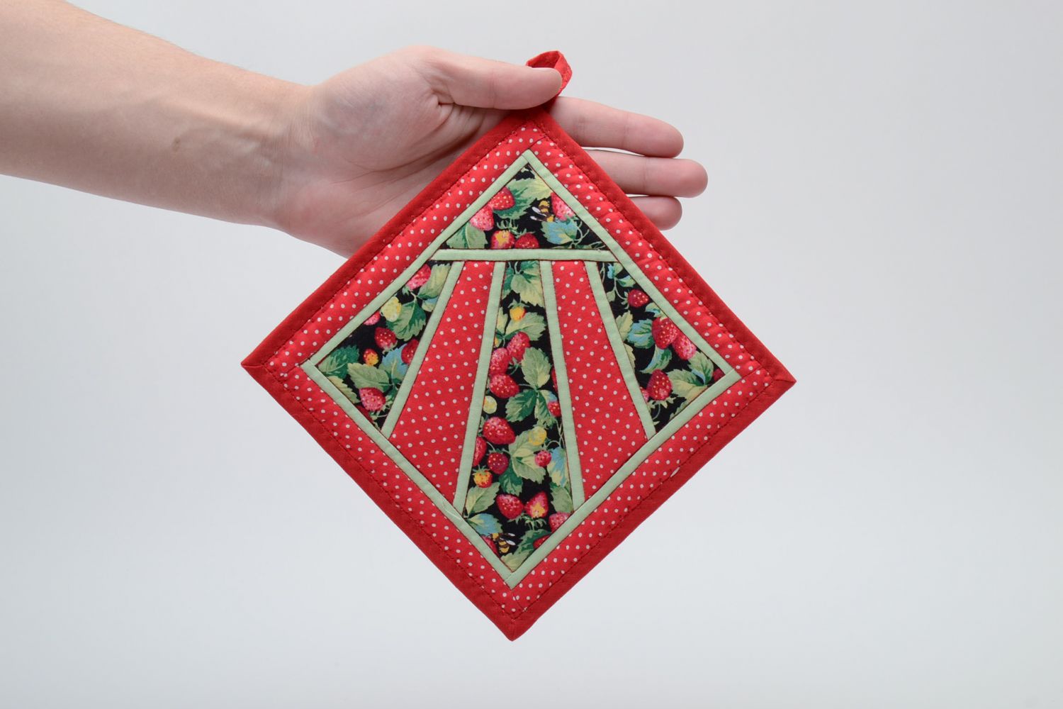 Manique artisanale de tissu de coton et laine faite main technique patchwork photo 5