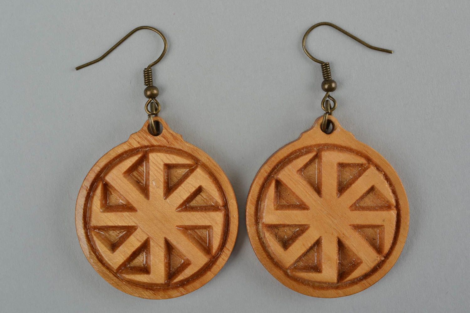 Wooden round handmade ethnic earrings with Cross of Lada the Virgin  photo 3
