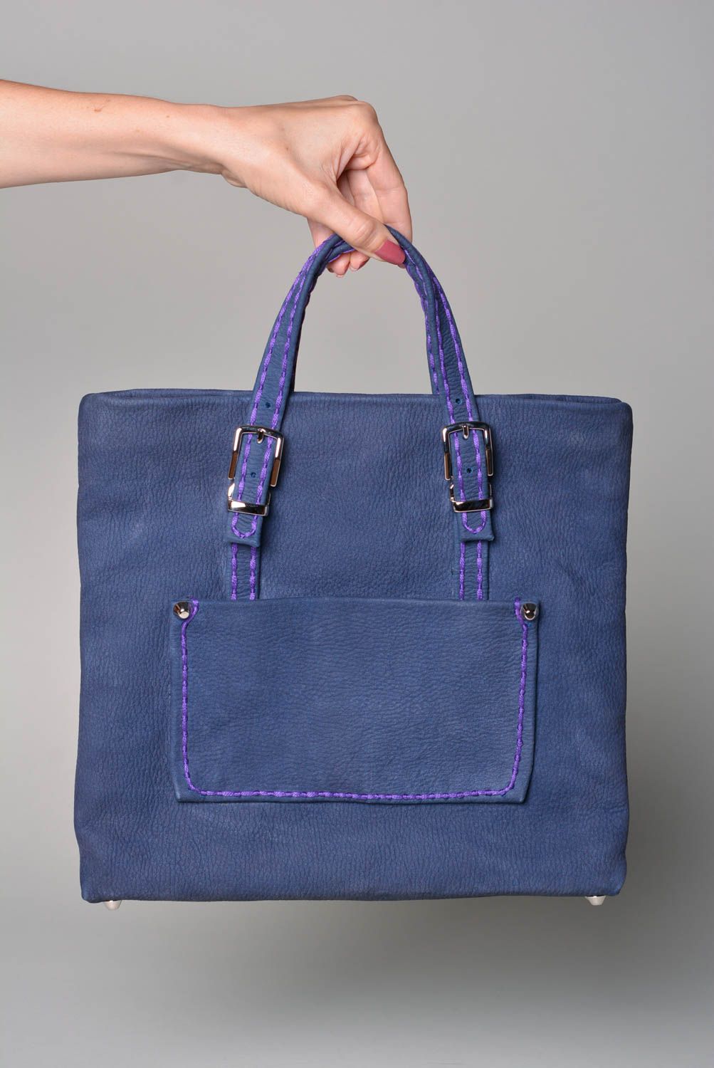 Sac en cuir naturel fait main Accessoire femme bleu tendance Cadeau original photo 4