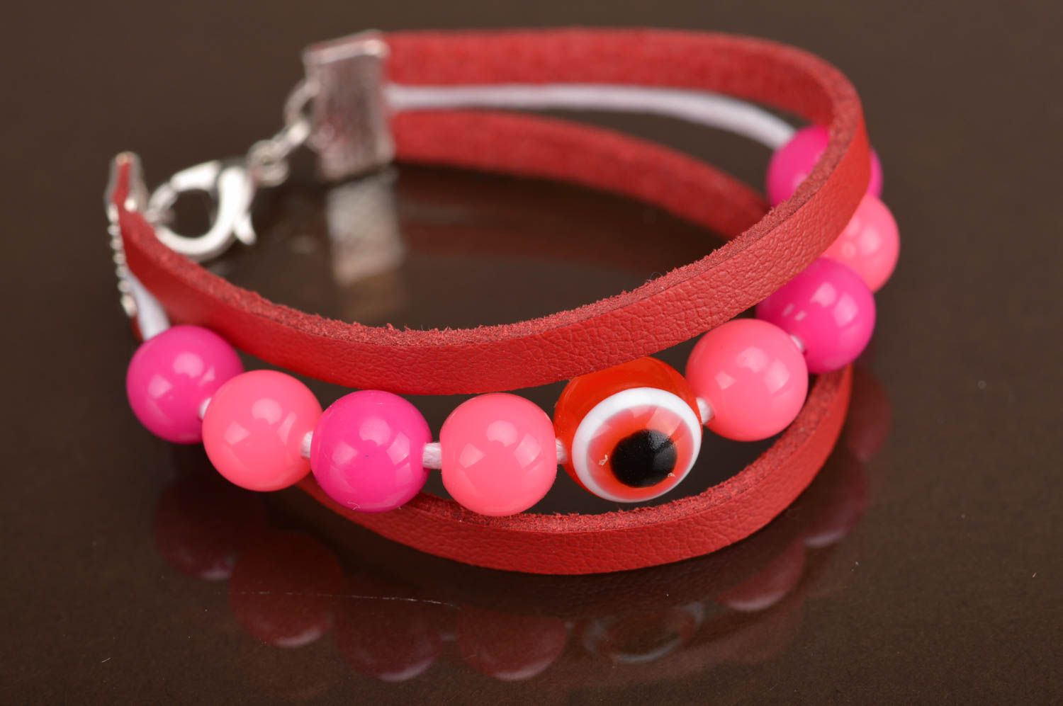 Red and pink handmade designer children's leather bracelet with beads photo 3