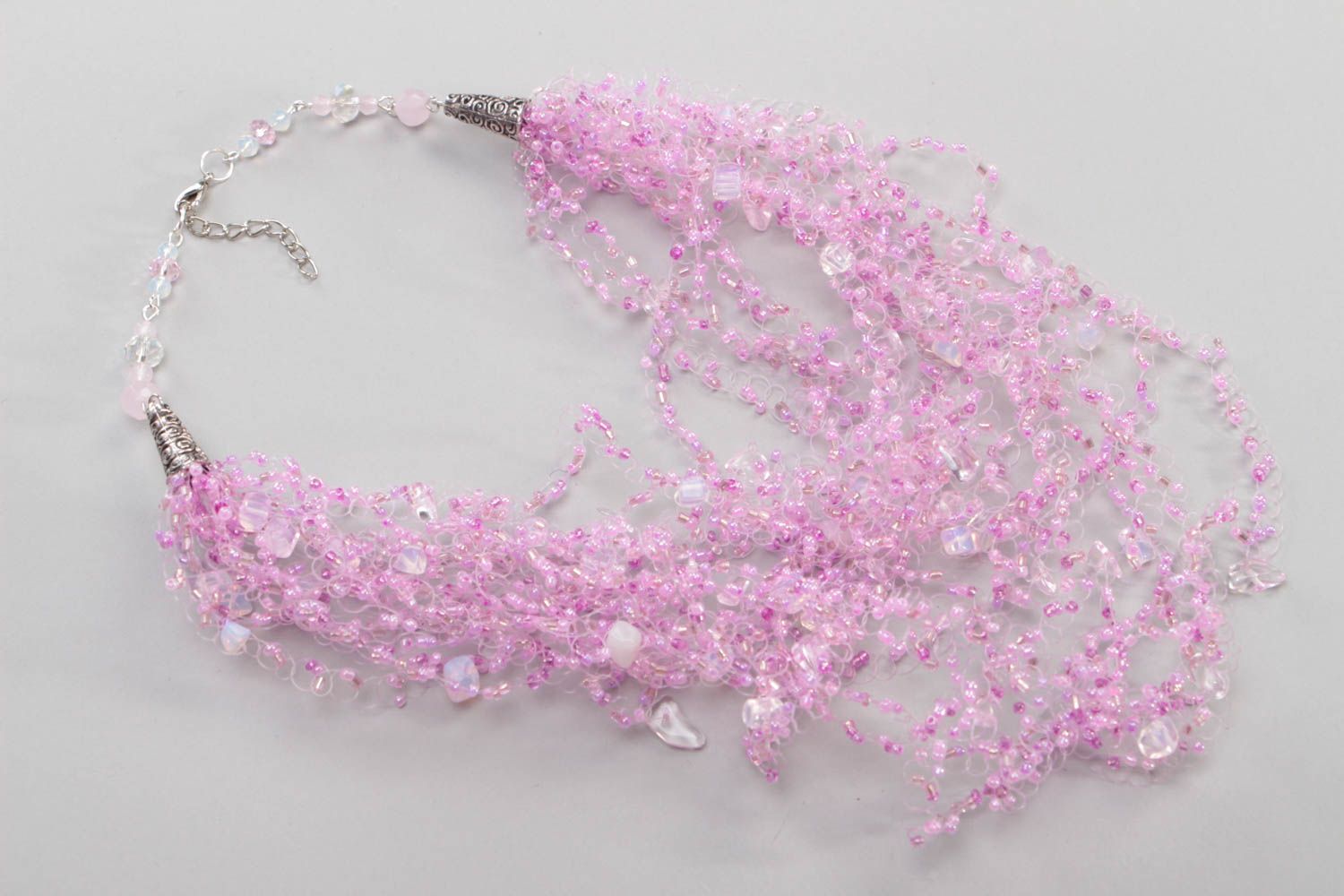 Handmade cute pink necklace light beaded accessory stylish light jewelry photo 2