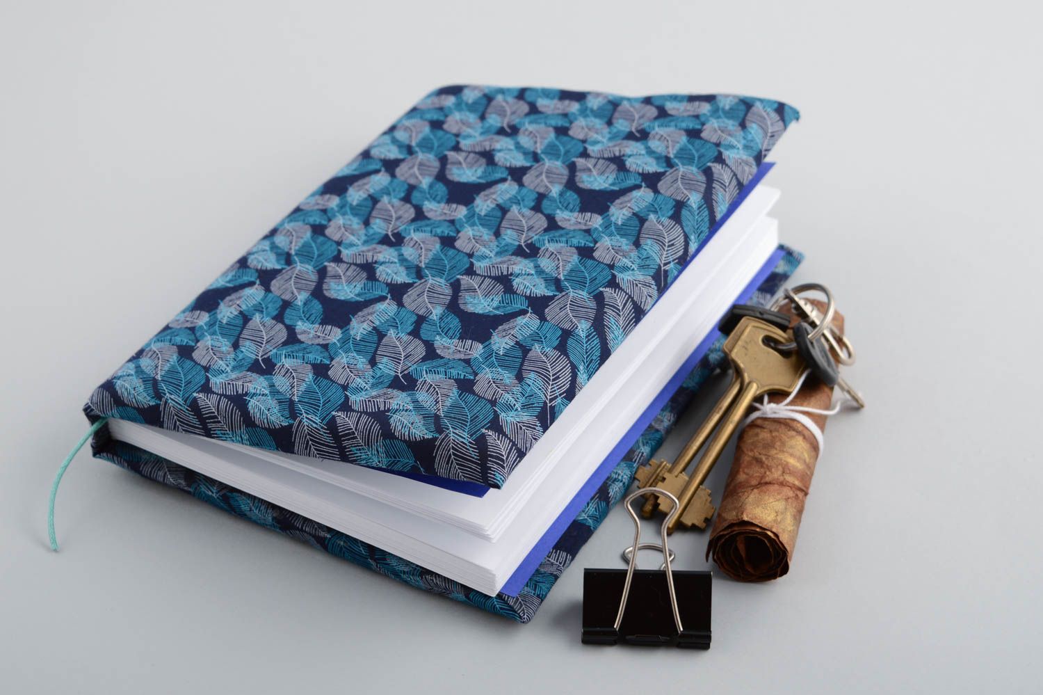 Handmade designer notebook with soft fabric cover with blue floral pattern photo 1