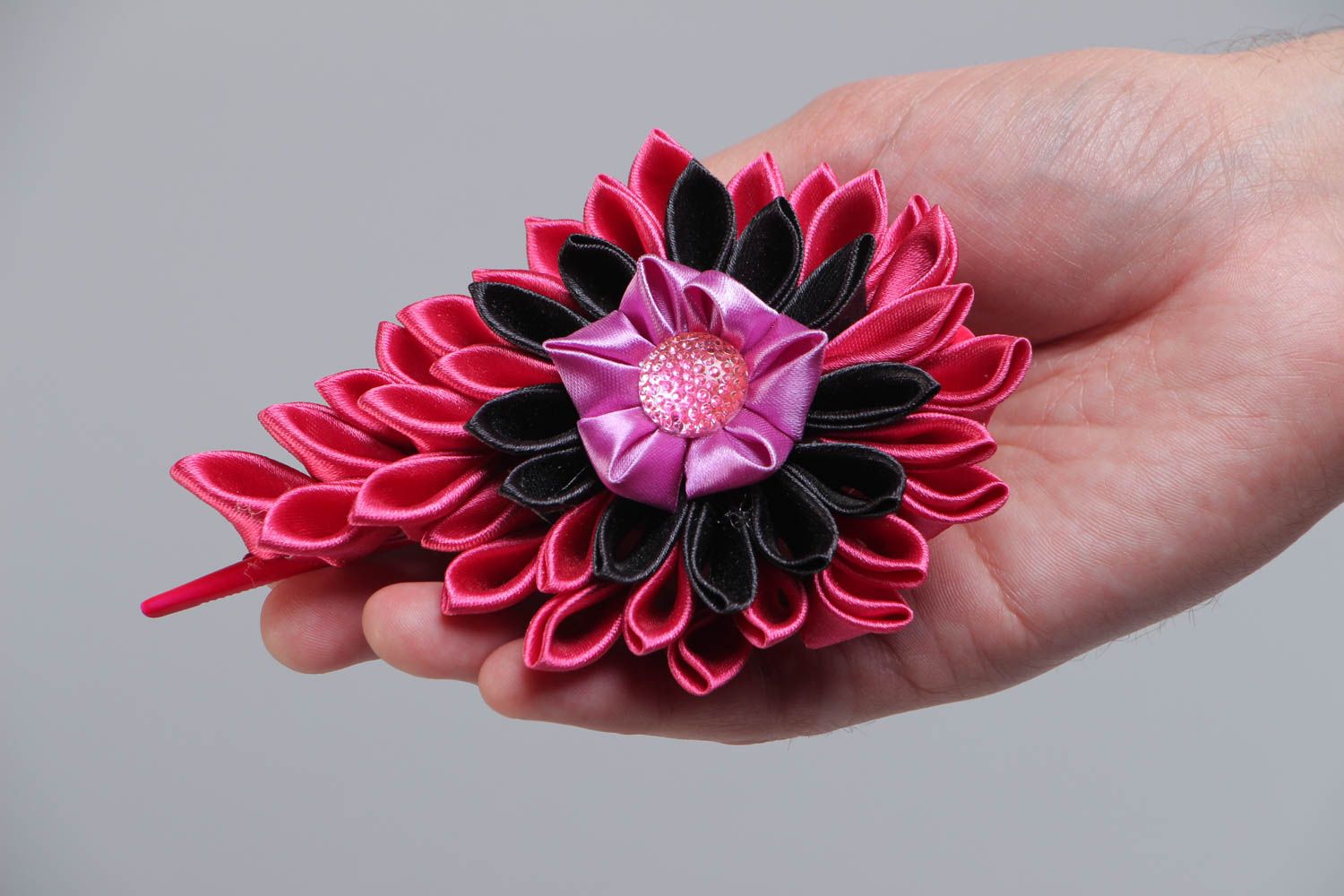 Large women's bright handmade satin ribbon flower hair clip photo 5