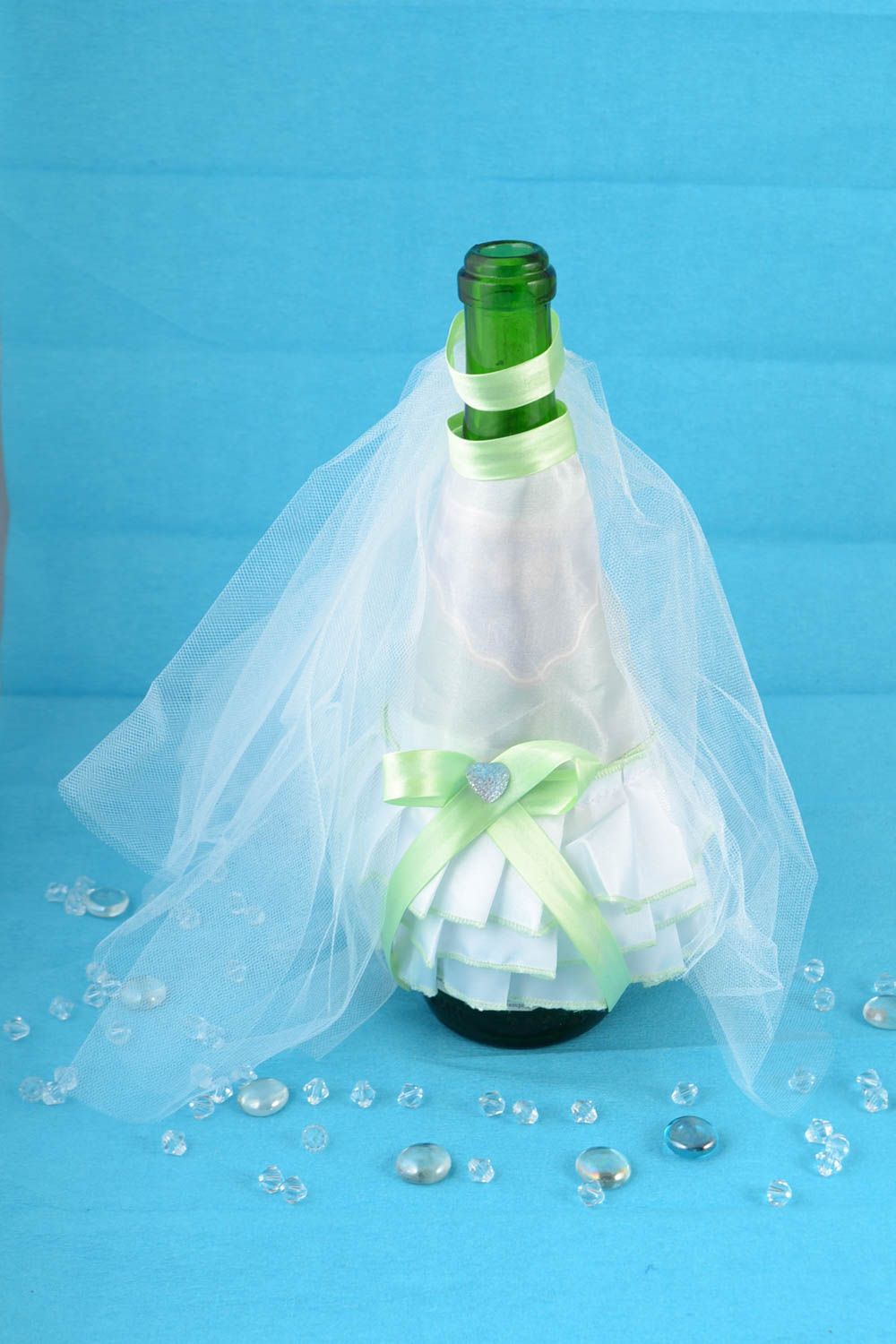 Handmade decorative wedding champagne bottle cover bride's dress white and green photo 1