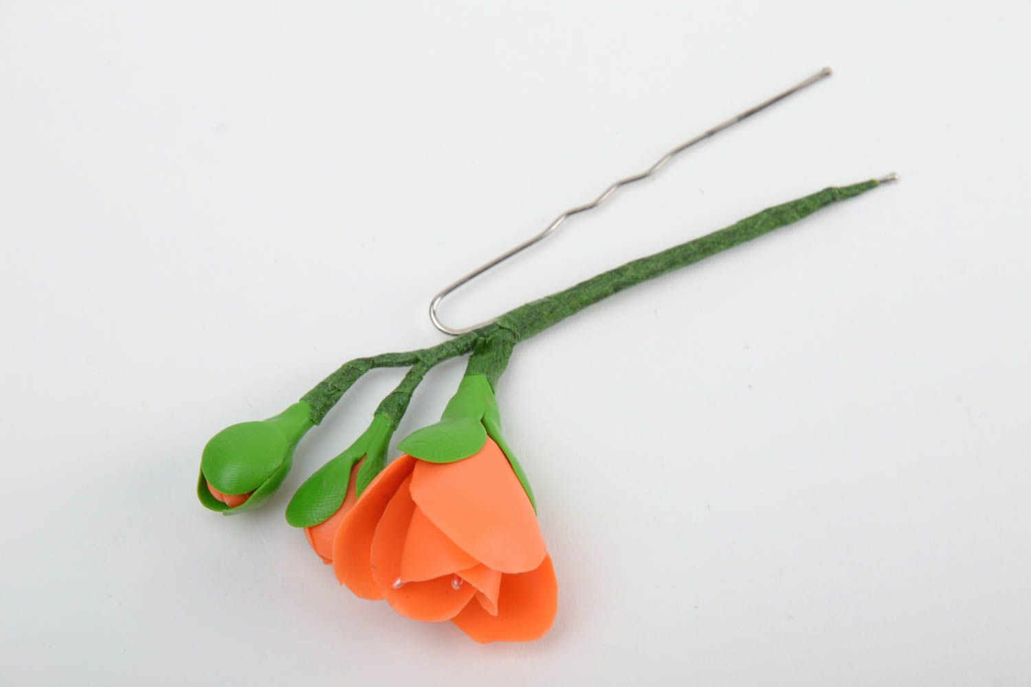 Handmade decorative metal hair pin with cold porcelain flower of orange color photo 3