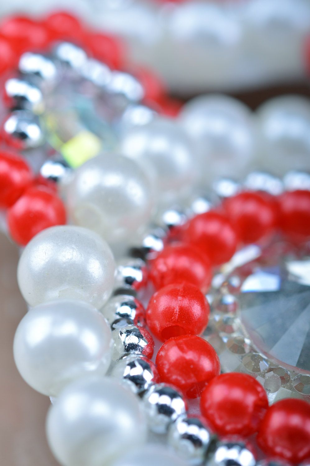 Festive handmade round stud earrings with beads in white and red colors photo 2