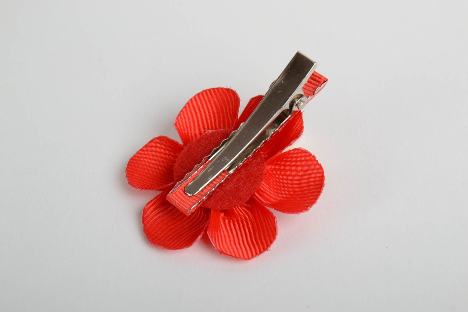 Designer homemade decorative hair clip with satin ribbon red kanzashi flower  photo 3