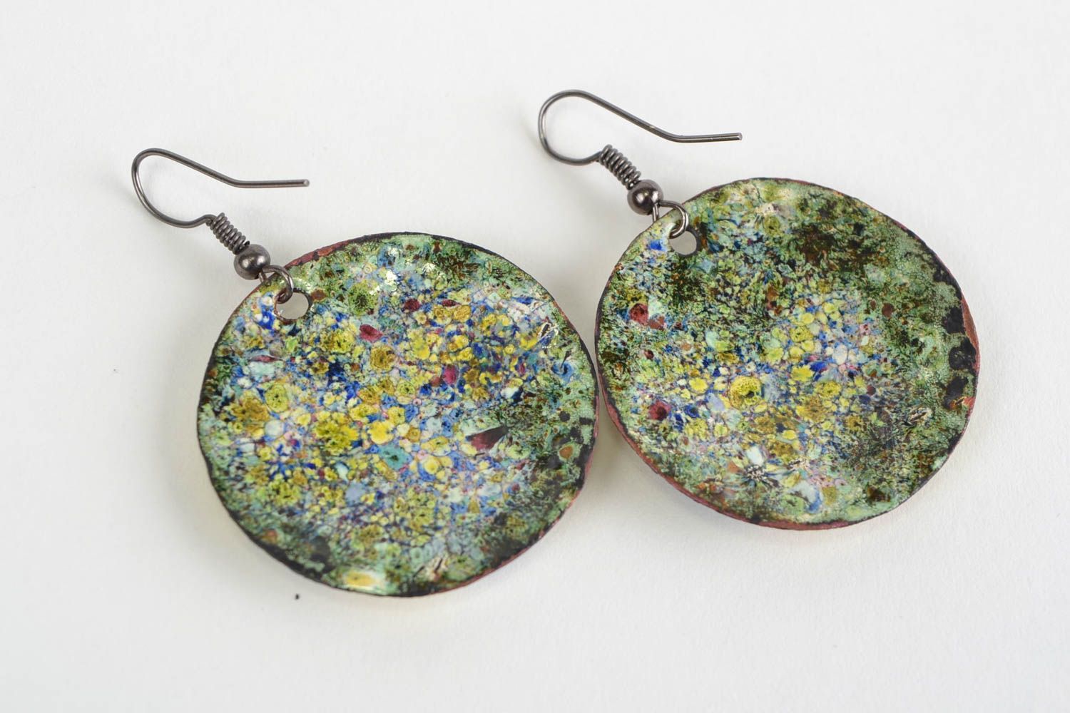 Handmade round copper earrings painted with colorful enamels Blue Butterflies photo 4