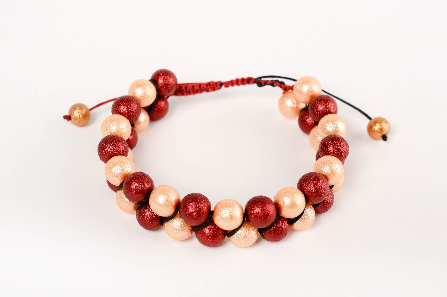 Bracelet 2 rangs tressé en macramé perles céramiques fait main rouge beige photo 2
