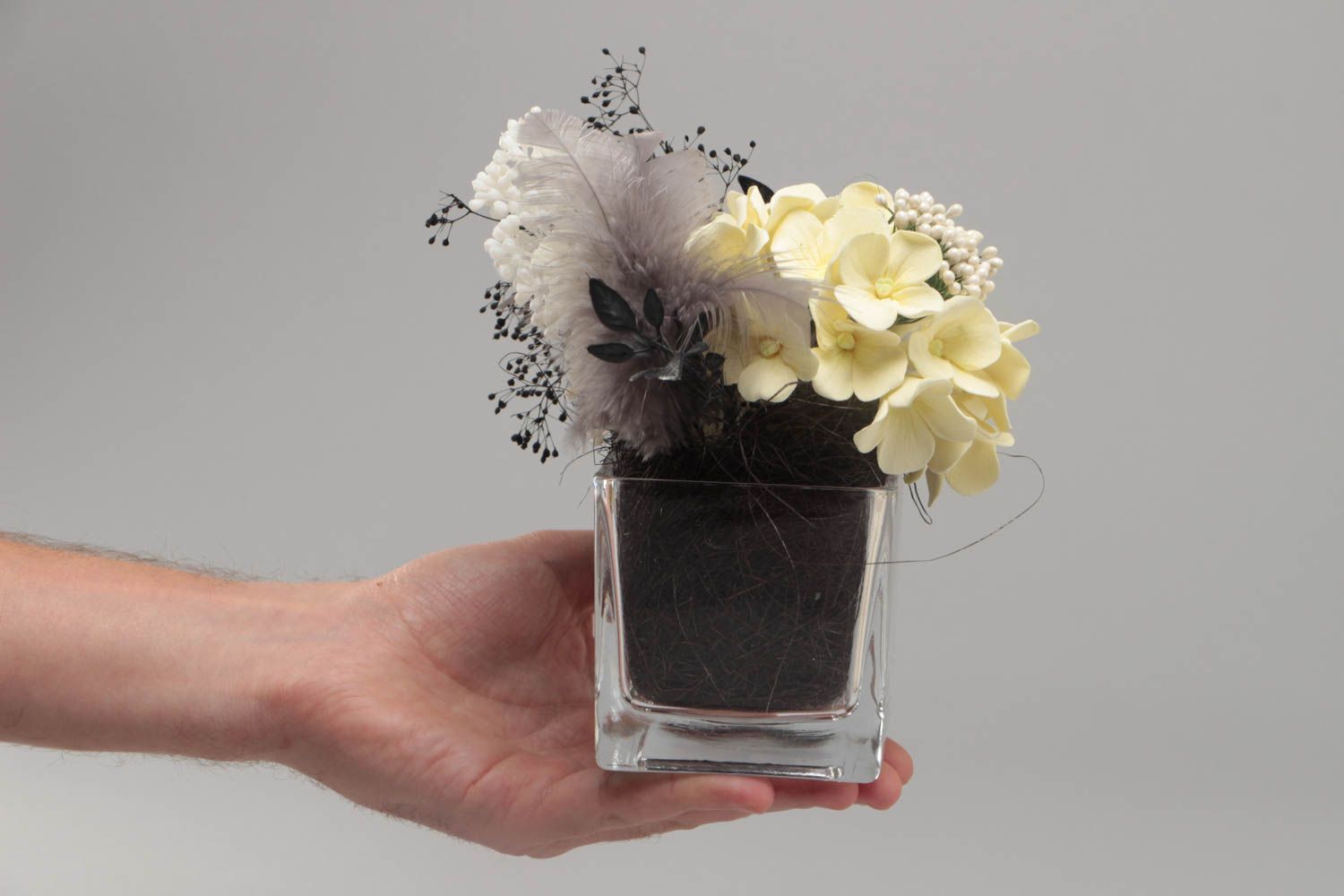 Beautiful handmade desktop polymer clay flower composition for home decor photo 5