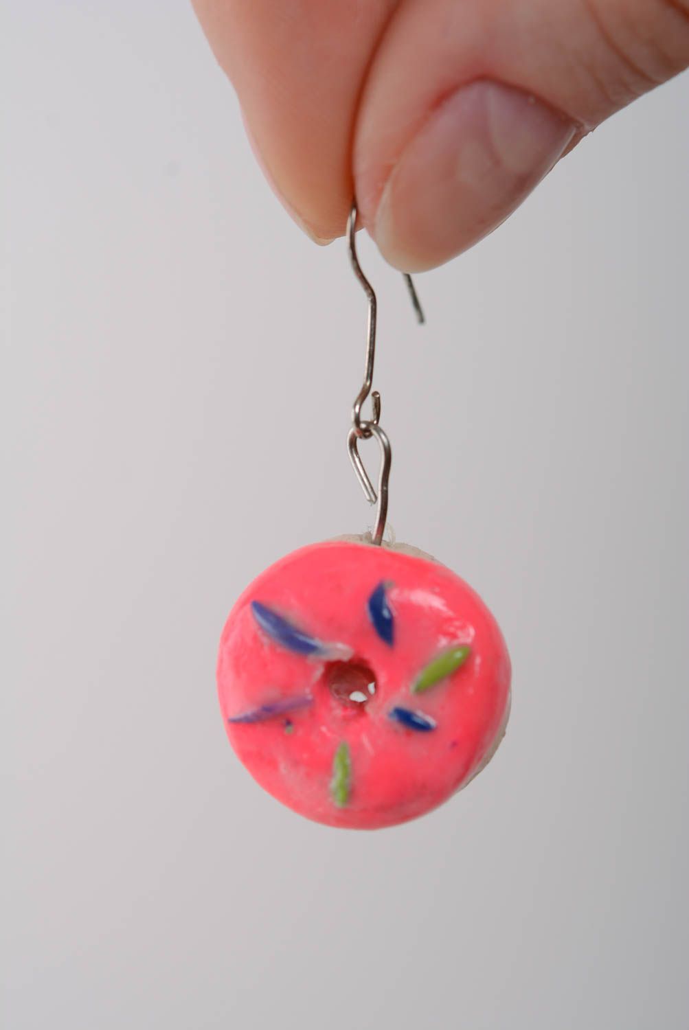 Handmade designer earrings with pendants made of polymer clay pink donuts photo 5