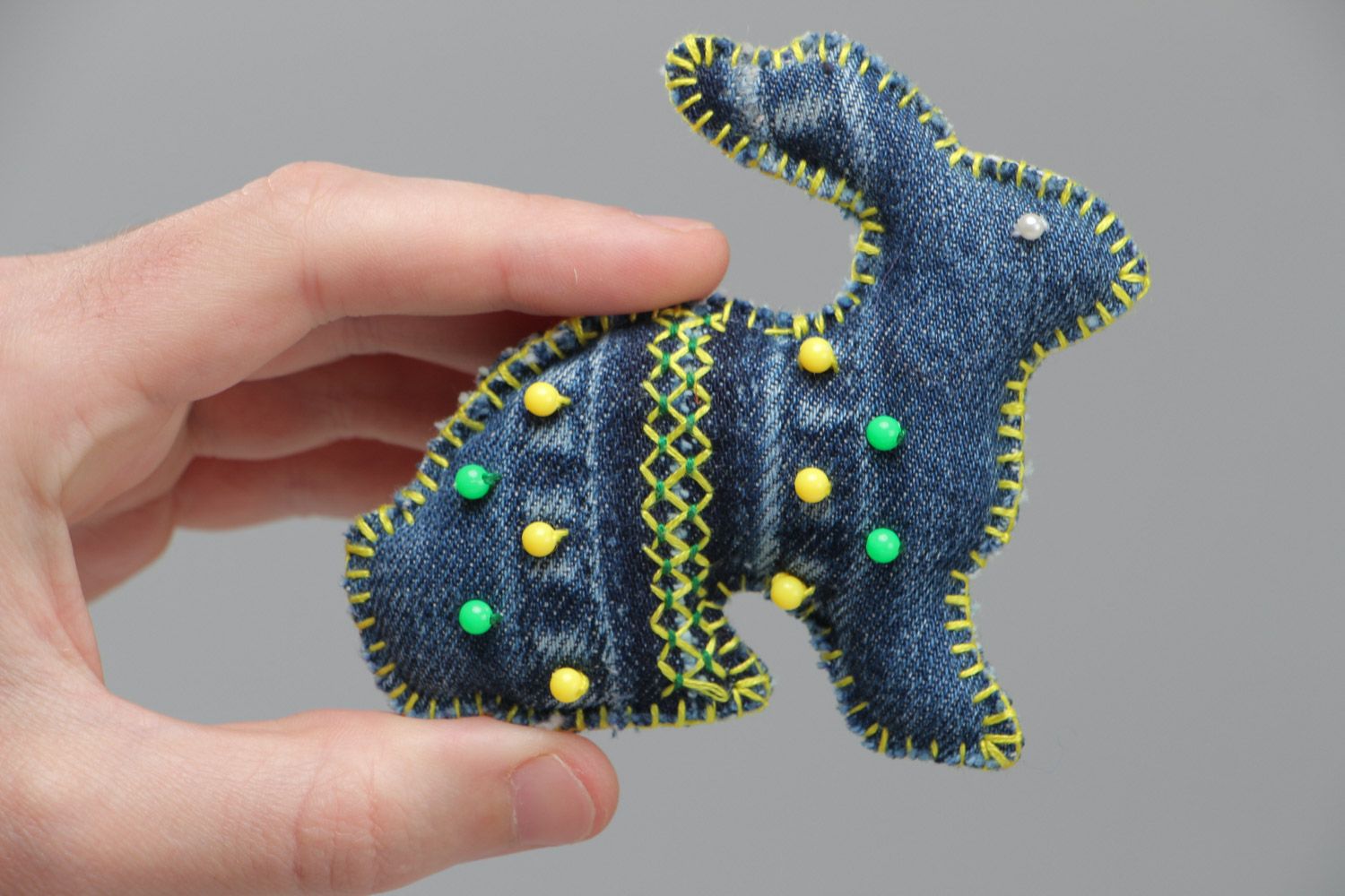 Small homemade soft toy sewn of denim fabric embroidered with beads Rabbit photo 5