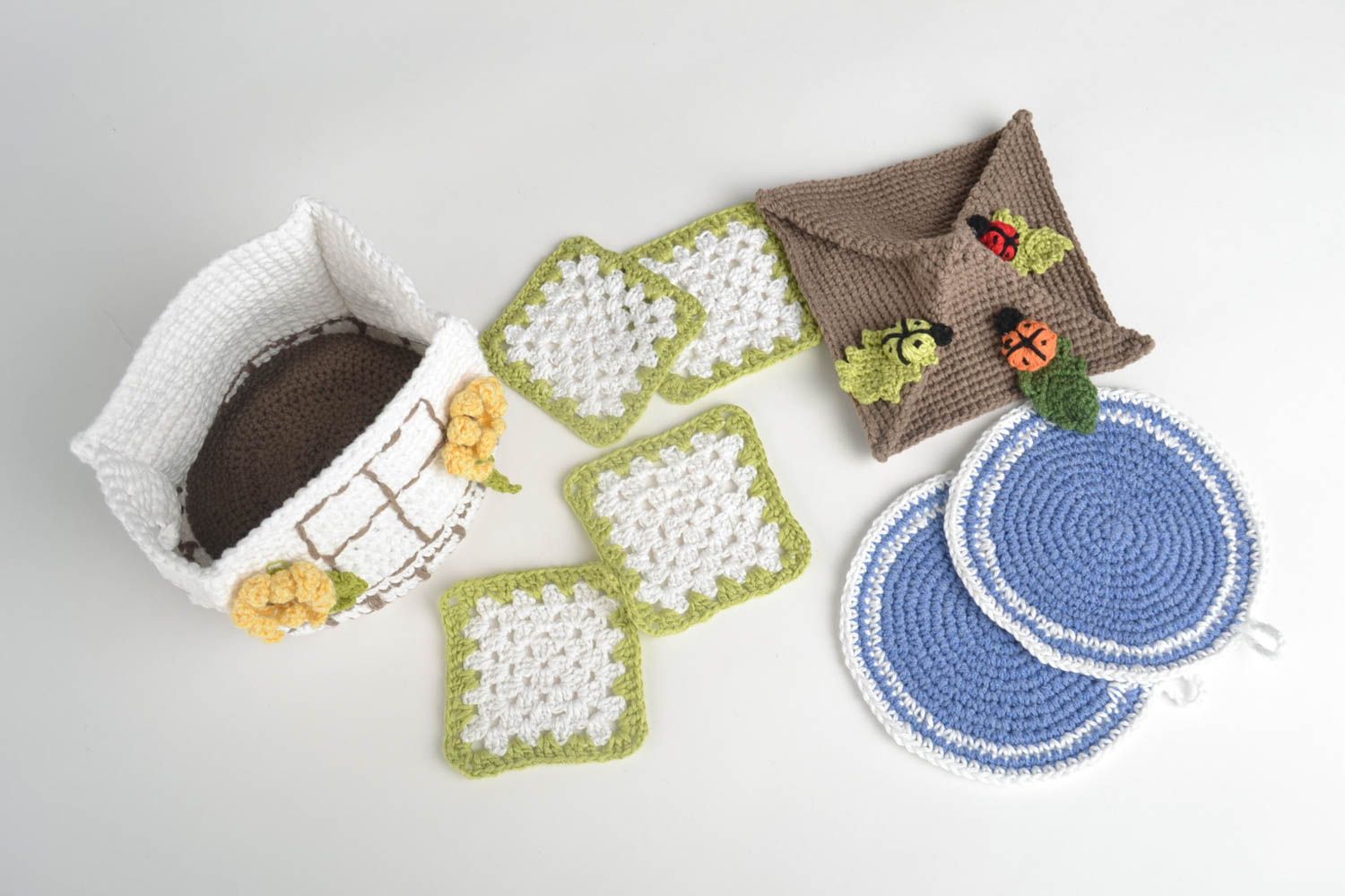 Handmade kitchen accessories set 4 crochet hot pads 2 pot holders teapot cozy photo 2