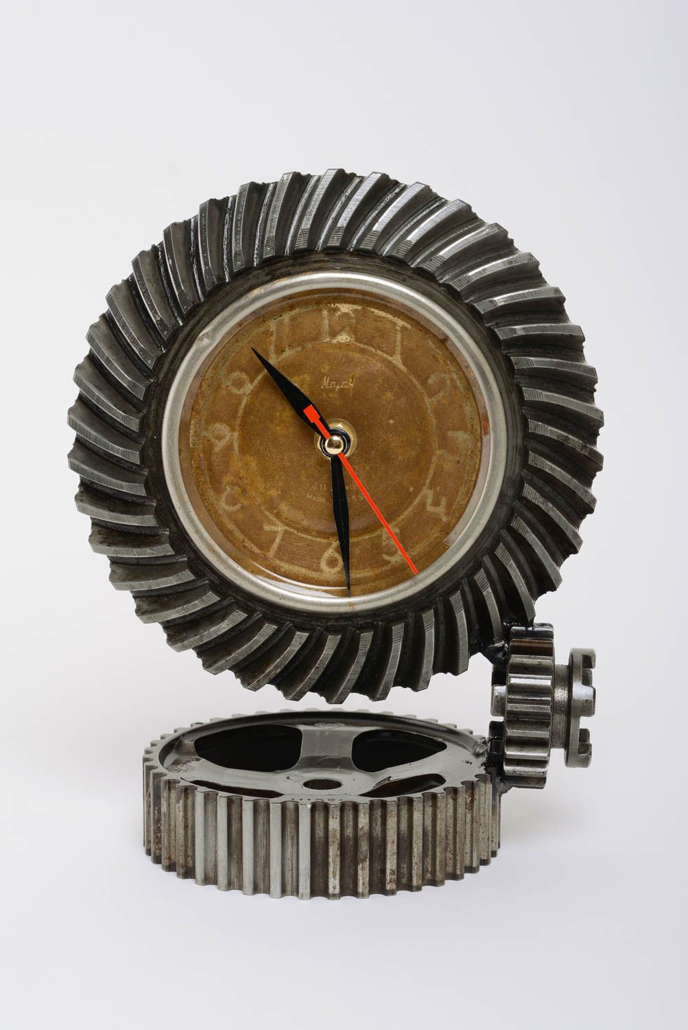 Handmade designer round mechanical metal table clock in techno art style photo 1
