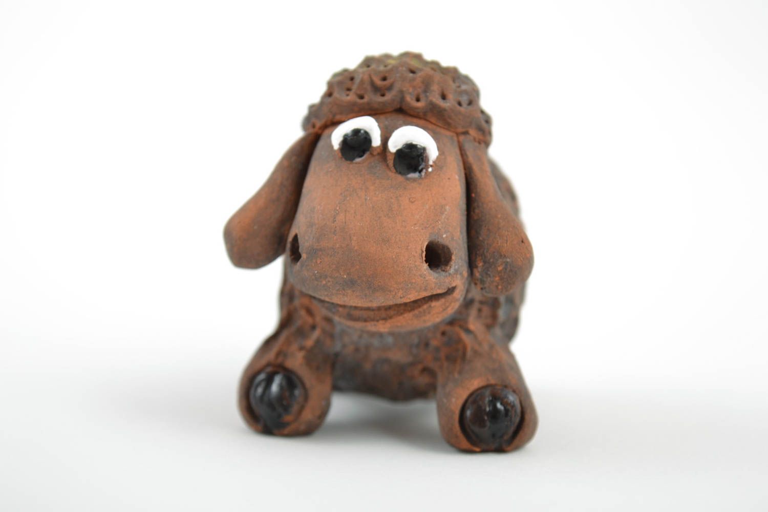 Handmade miniature collectible dark brow ceramic statuette of cute lamb photo 2