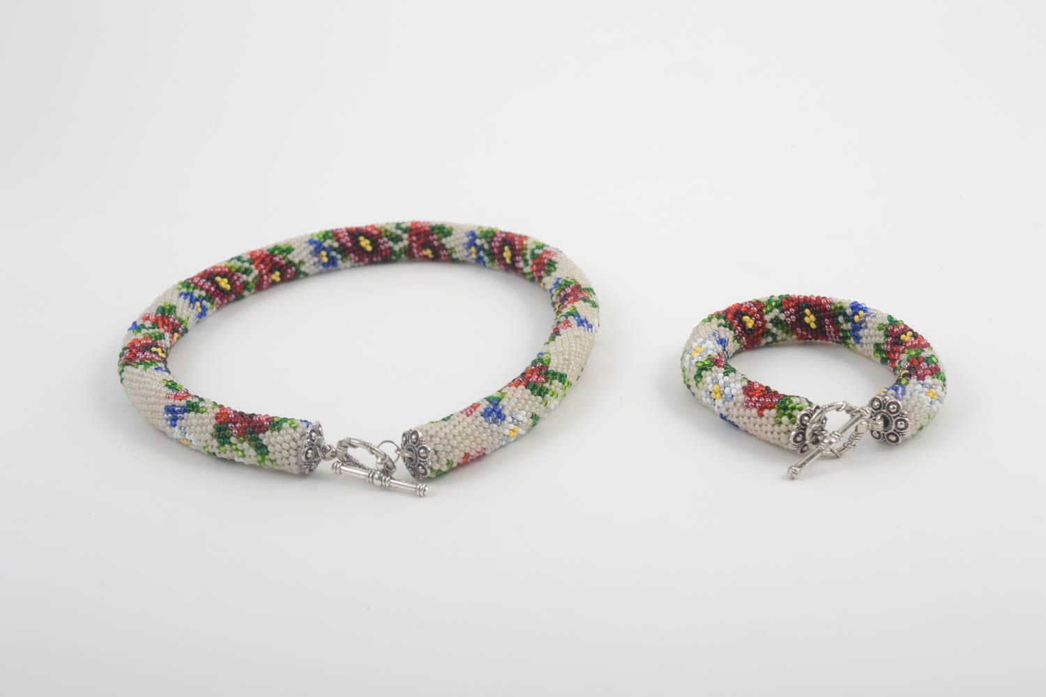 Handmade Schmuck Set aus Rocailles Collier Halskette Damen Armband Mohnblumen foto 2