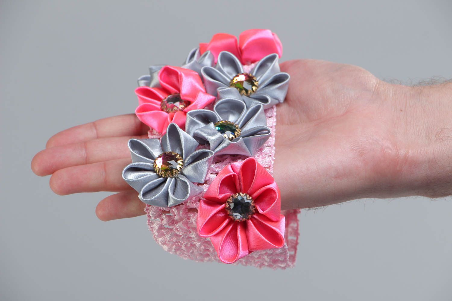Handmade stretch headband with kanzashi satin flowers of pink and gray colors photo 5