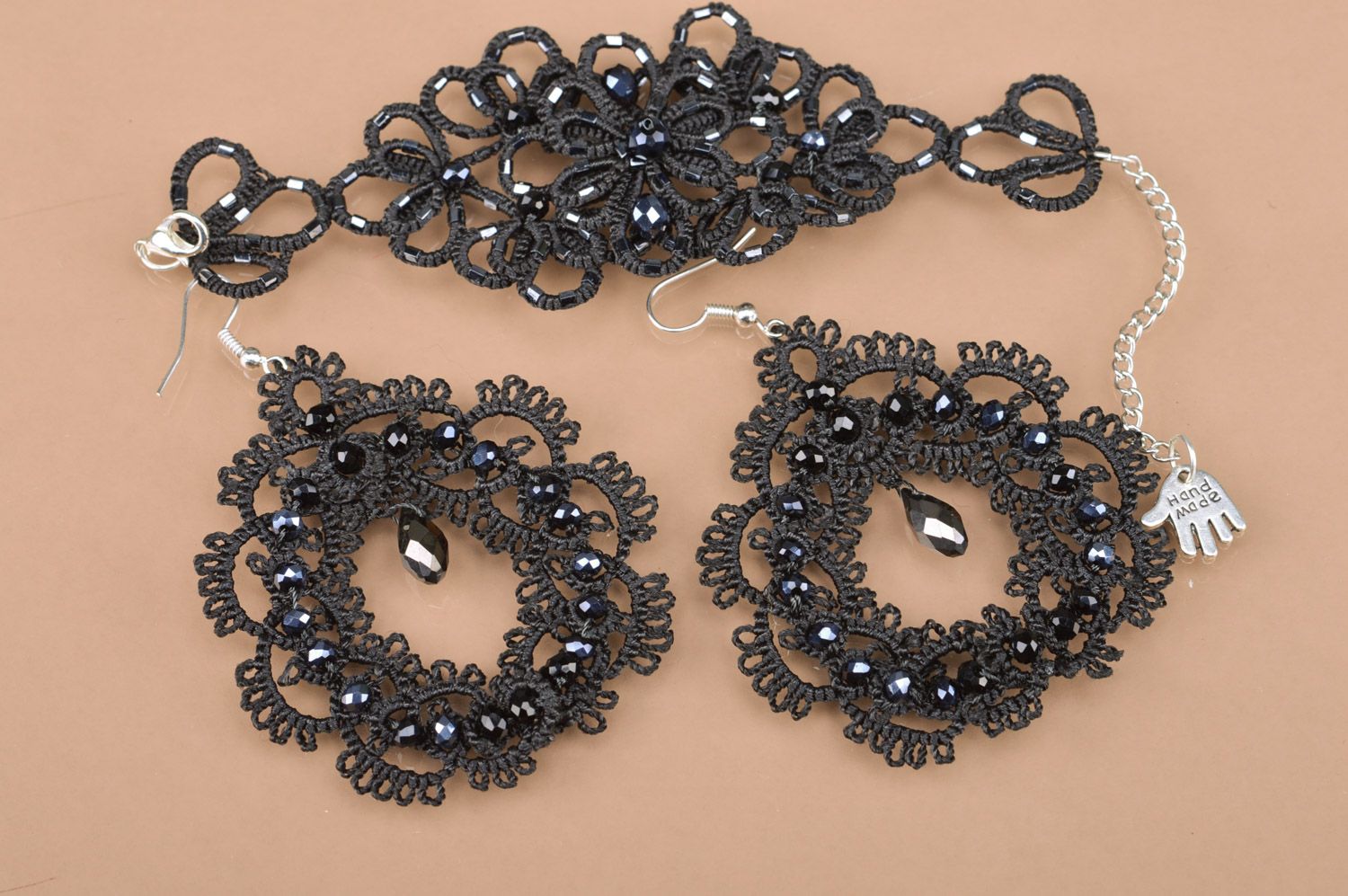 Handmade ankers tatting woven jewelry set two items bracelet and earrings in black color photo 2
