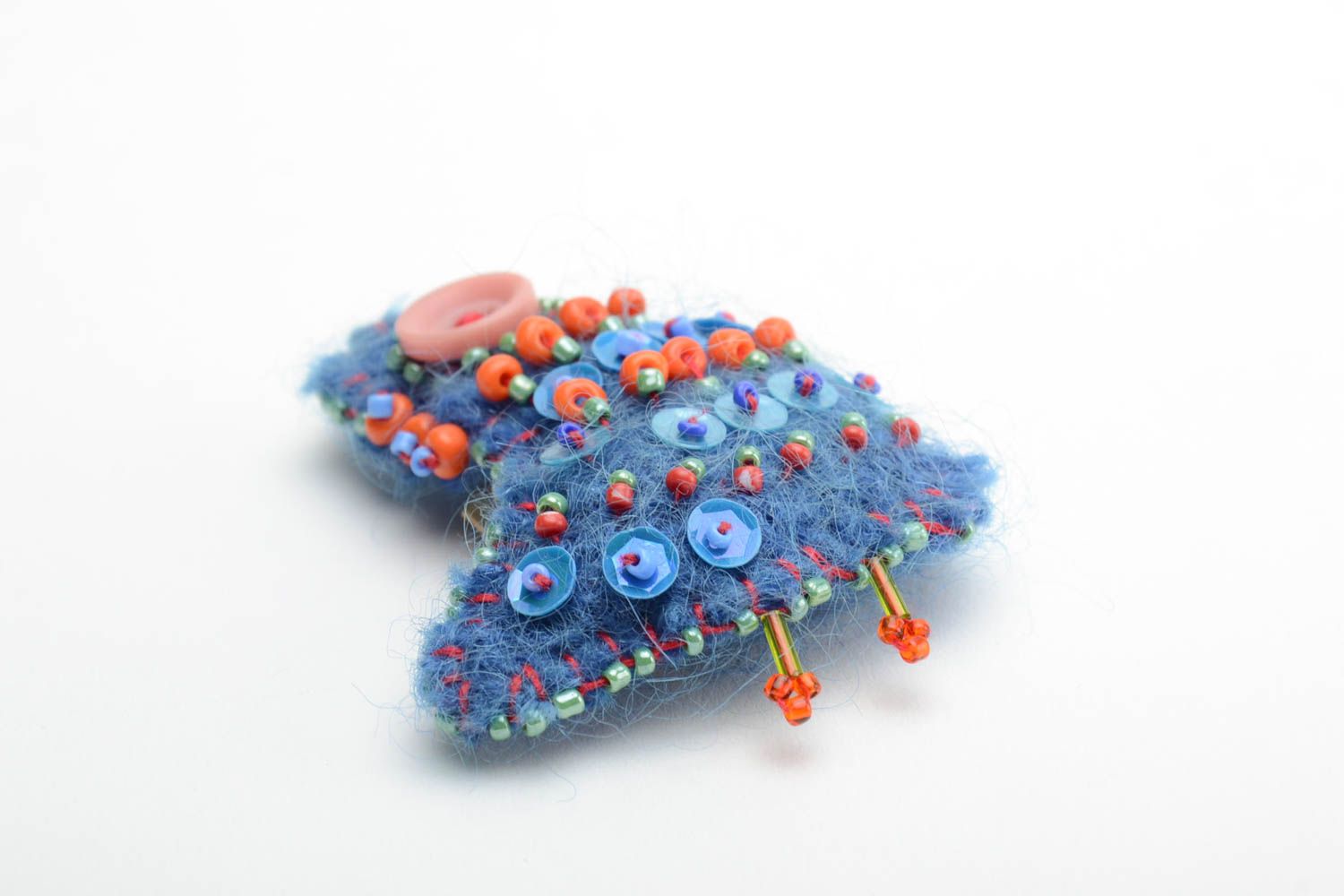 Broche de lana artesanal divertido cosido con abalorios y lentejuelas azul foto 4