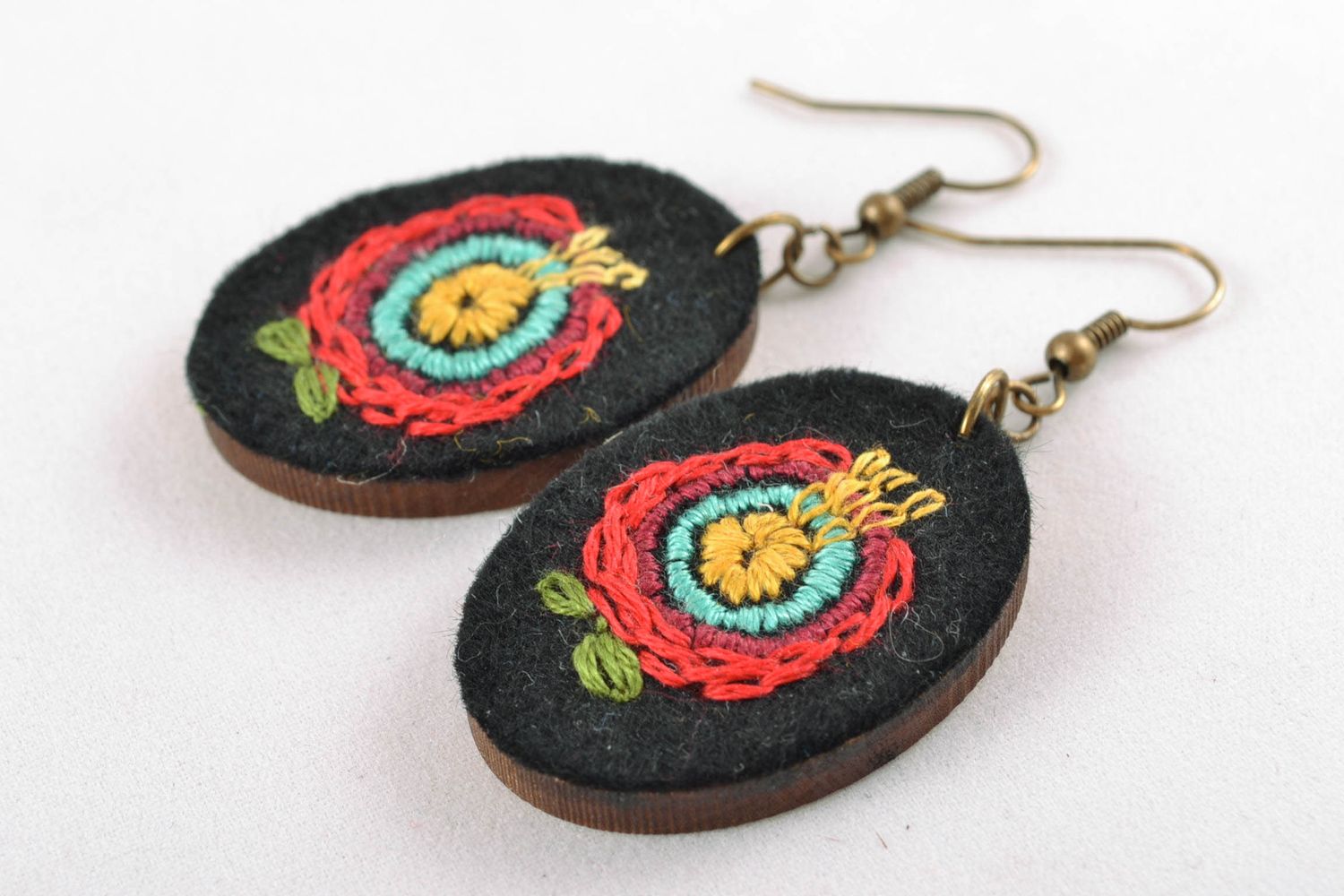 Wooden earrings with satin stitch embroidery Flowers photo 4