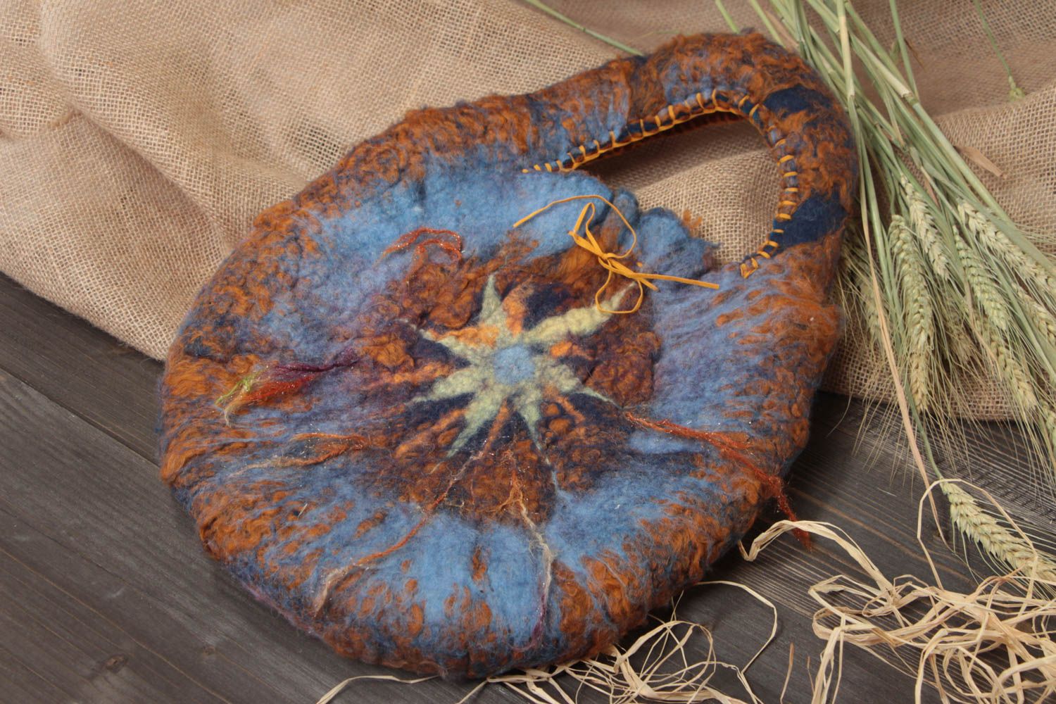 Handmade designer women's bag felted of natural wool in blue and brown colors photo 1